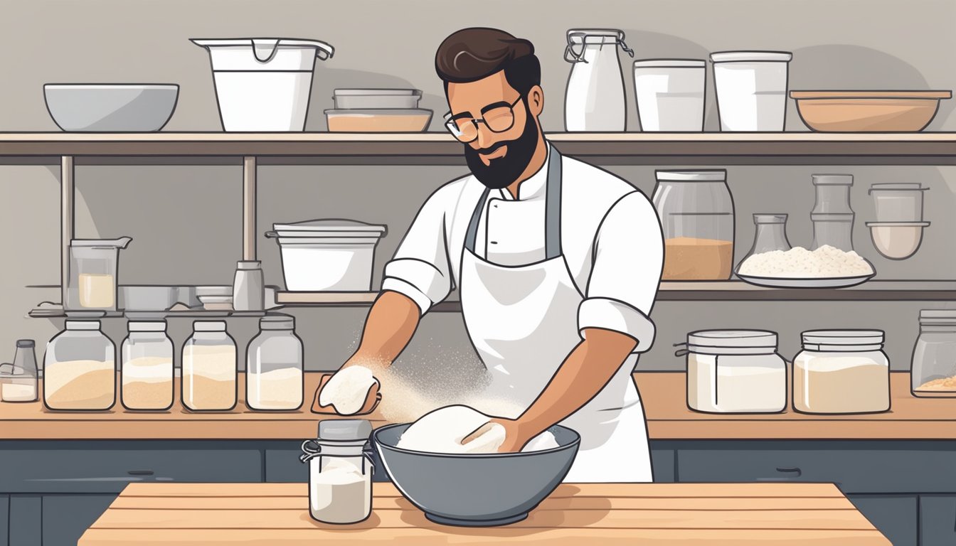 A baker adding a measured amount of salt to a bowl of sourdough starter and flour, preparing to mix the ingredients together