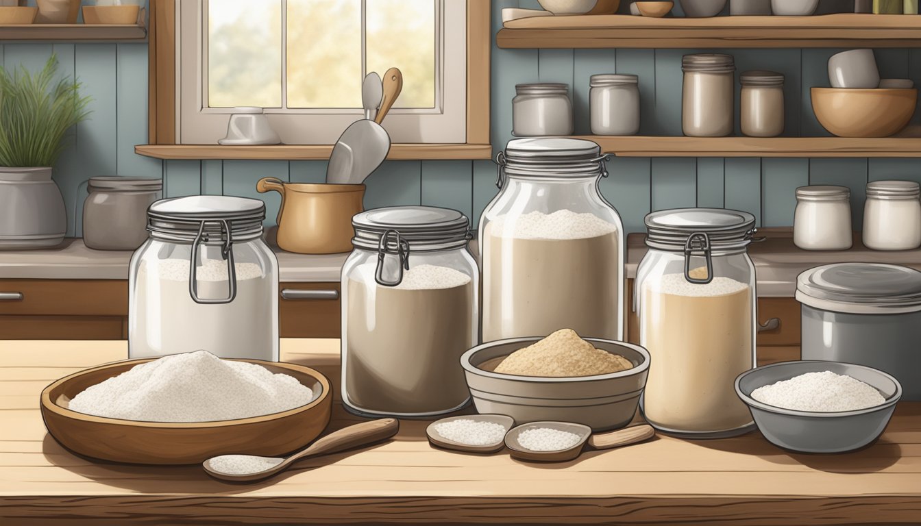 A rustic kitchen counter with sourdough starter jars, flour, and a mixing bowl. Heirloom and commercial yeast packets sit nearby