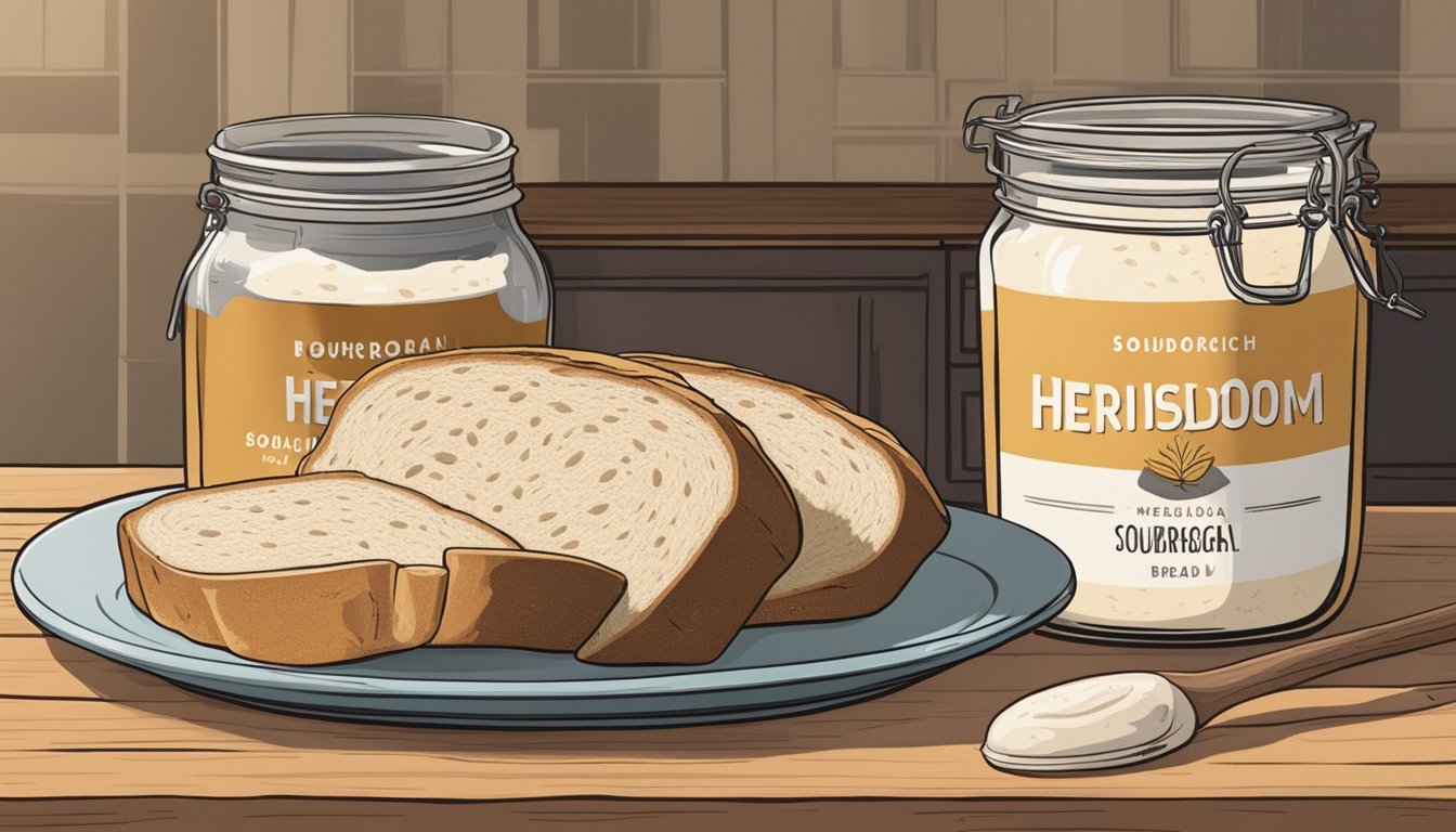 A rustic kitchen table with two jars of sourdough starter - one labeled "heirloom" and the other "commercial yeast." A loaf of sourdough bread sits nearby