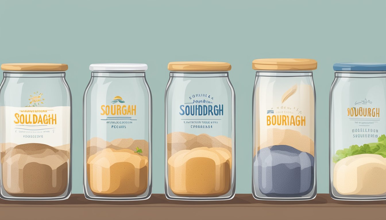 A collection of sourdough starters in glass jars from various countries, labeled with their place of origin