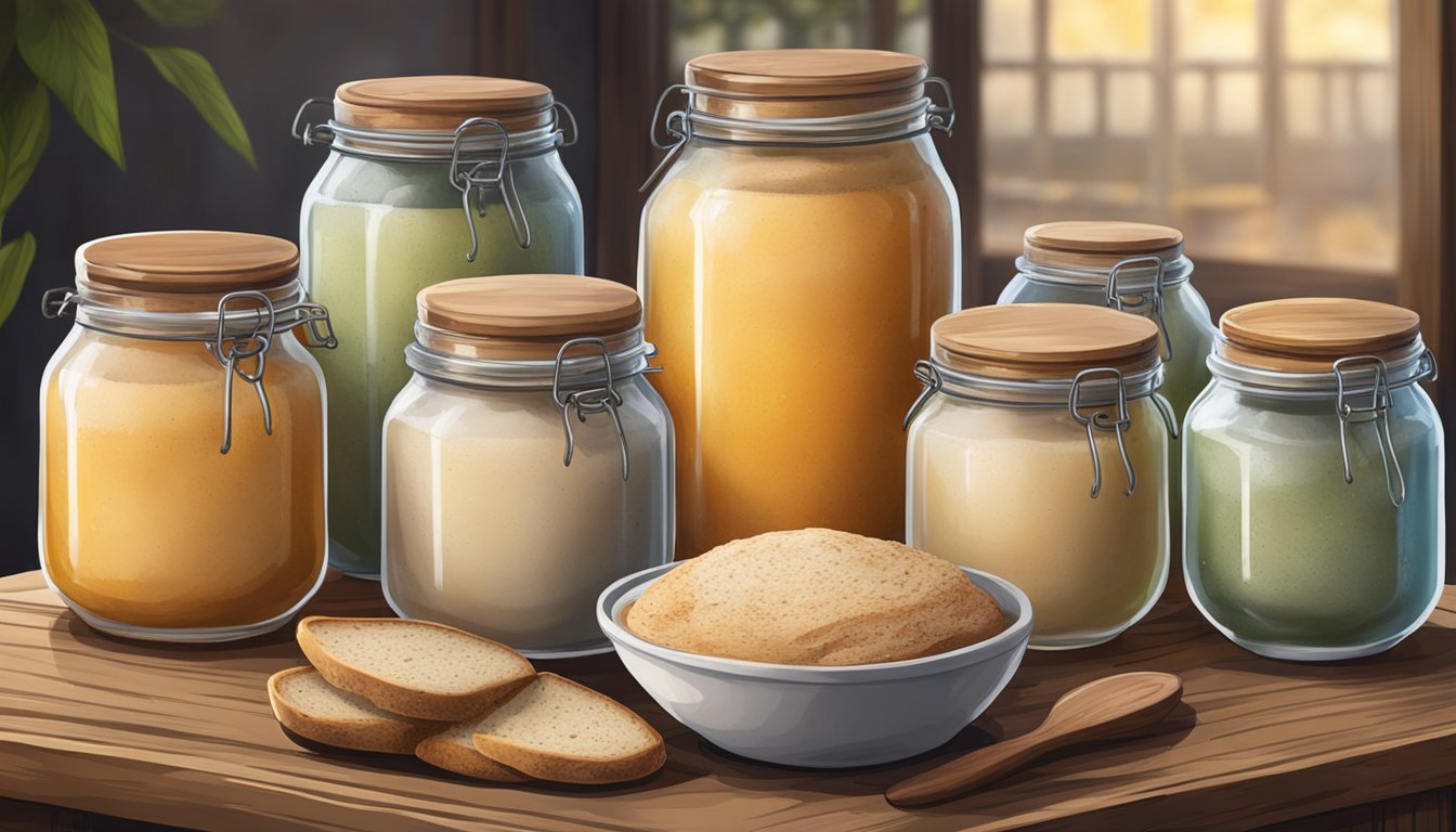 A collection of diverse sourdough starters from different cultures, displayed on a rustic wooden table with various jars and containers