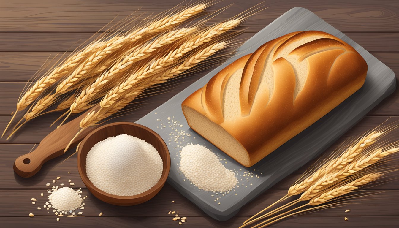 A loaf of bread rising on a wooden cutting board, surrounded by scattered grains of wheat and a small bowl of flour