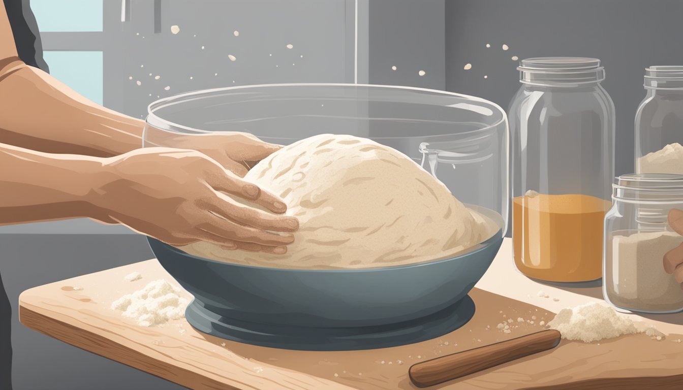 A pair of hands kneading a ball of sourdough, flour dusting the surface, a jar of starter nearby, capturing the science of fermentation