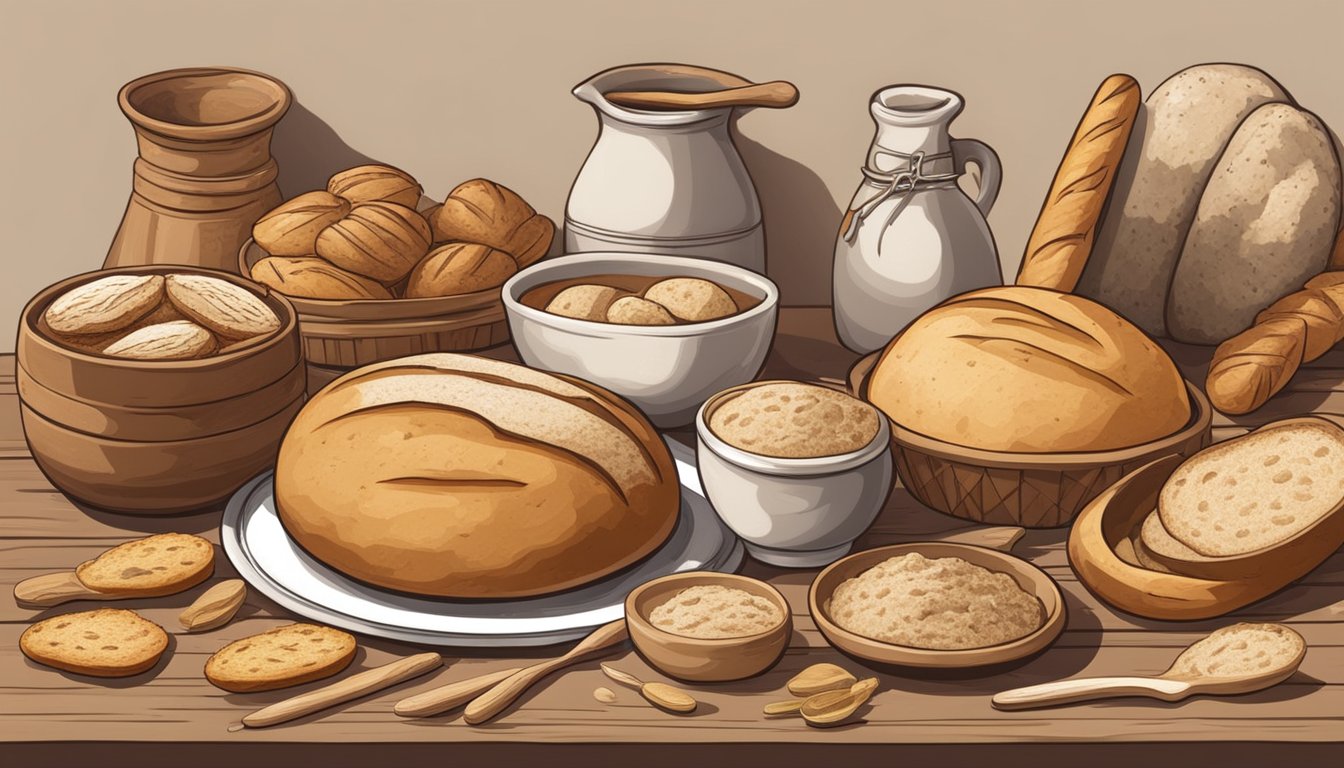 A table with various sourdough bread loaves from different cultures, surrounded by traditional baking tools and ingredients