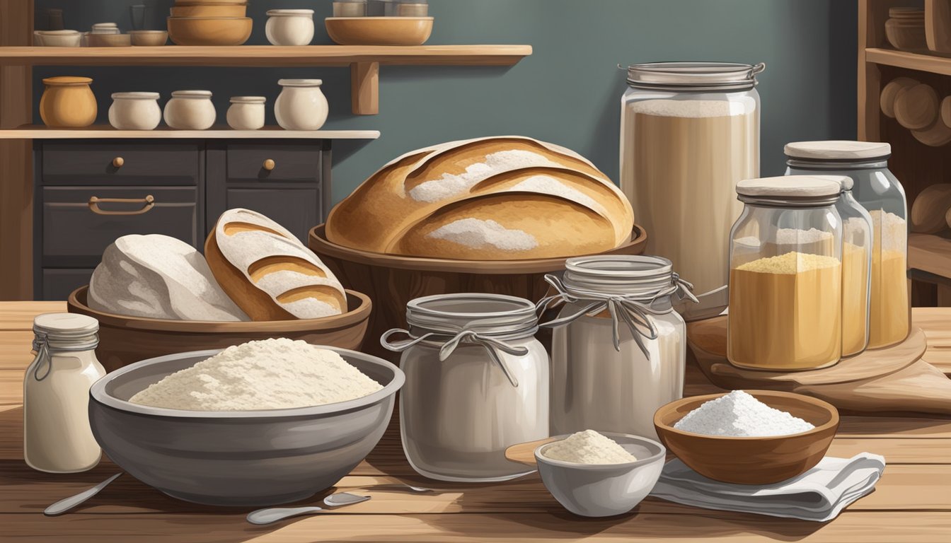 A rustic kitchen table with bowls of flour, jars of starter, and various utensils for kneading and shaping sourdough bread