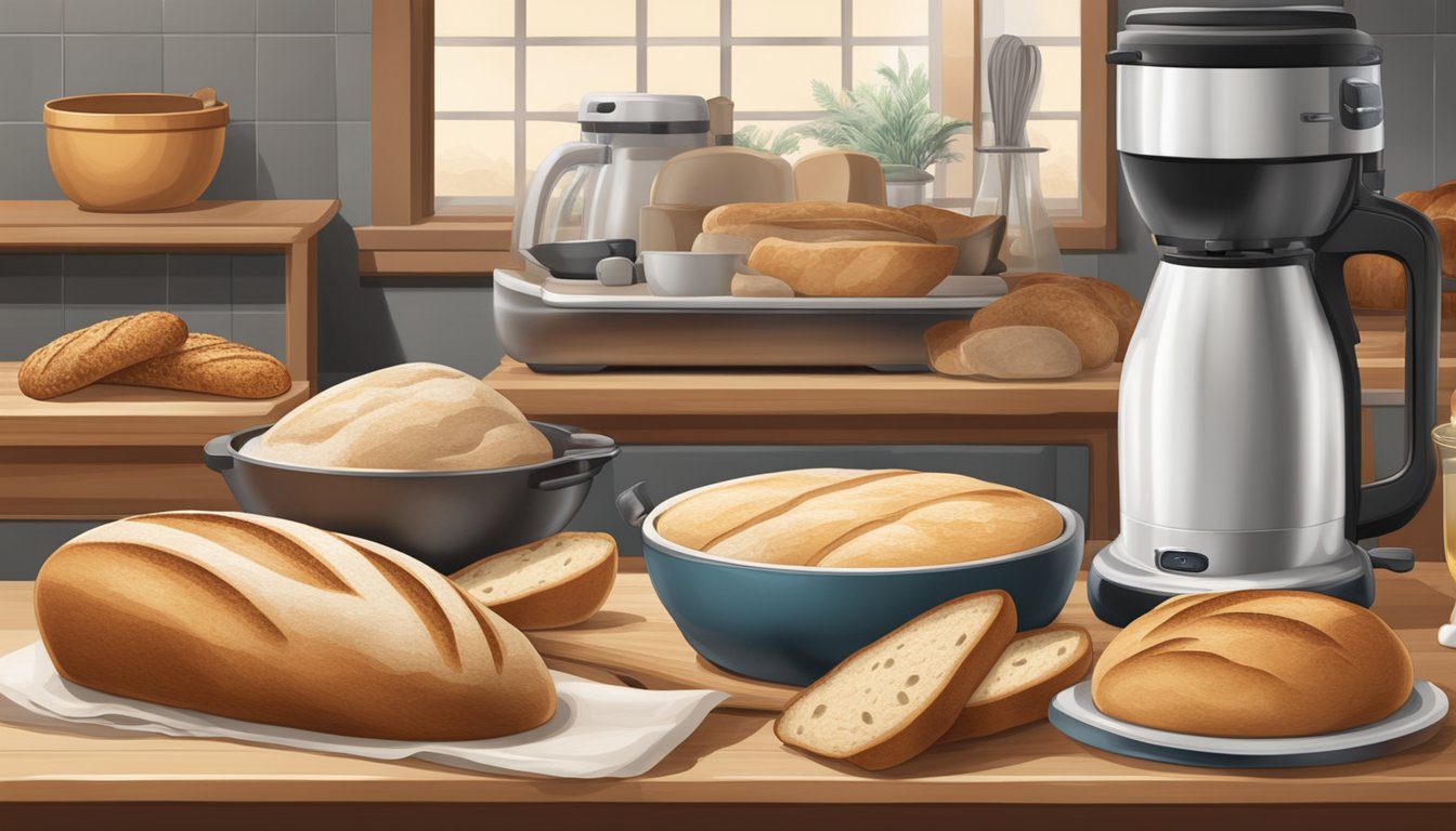 A table with various types of sourdough bread from different cultures, surrounded by modern kitchen appliances and utensils