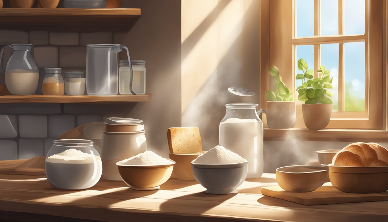 A rustic kitchen with a wooden table covered in bowls of flour, water, and a bubbling sourdough starter. Sunlight streams through a window, casting a warm glow on the ingredients