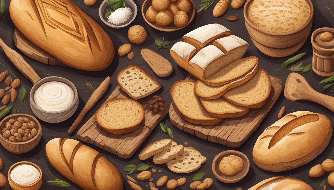 A rustic wooden table adorned with various types of sourdough bread, surrounded by traditional baking tools and ingredients from different cultures