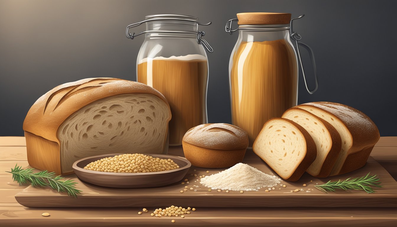 A rustic wooden table with a flour-dusted surface, adorned with a freshly baked loaf of sourdough bread, a jar of starter, and scattered grains and herbs