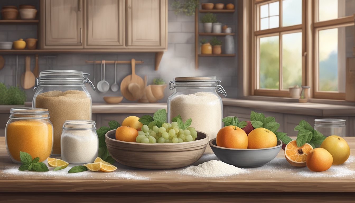 A rustic kitchen with a wooden table covered in flour, a glass jar of sourdough starter, and a bowl of seasonal fruits and herbs