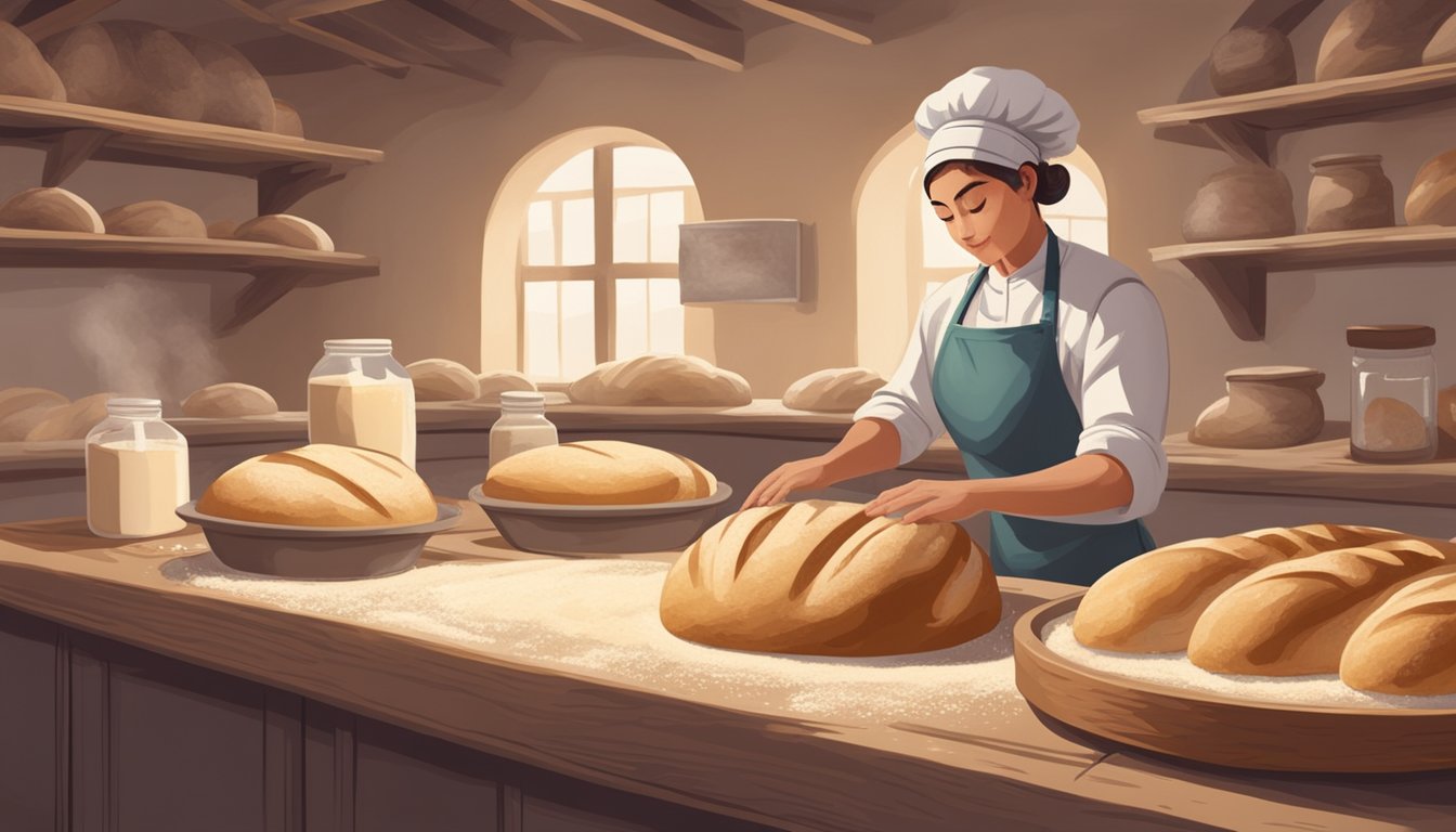 A baker carefully kneading and shaping sourdough loaves, surrounded by bowls of flour and jars of starter, with a warm oven in the background