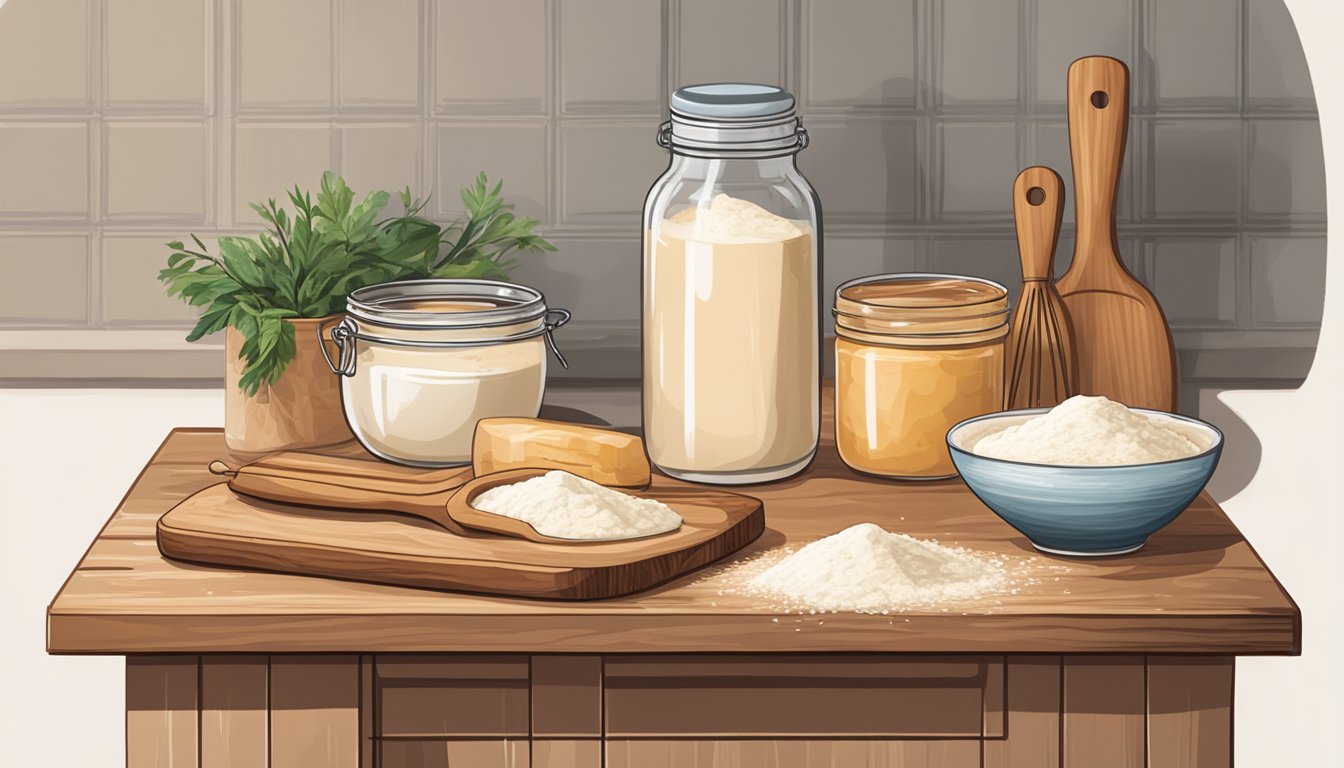 A rustic kitchen counter with a wooden cutting board, a bowl of flour, a jar of sourdough starter, a whisk, and a rolling pin