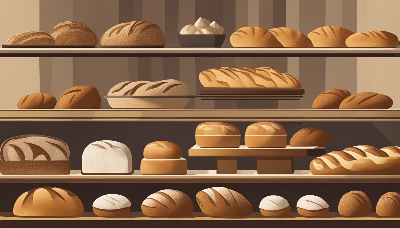 A rustic bakery display showcasing a variety of specialty sourdough breads, including seasonal sourdough loaves with unique shapes and textures