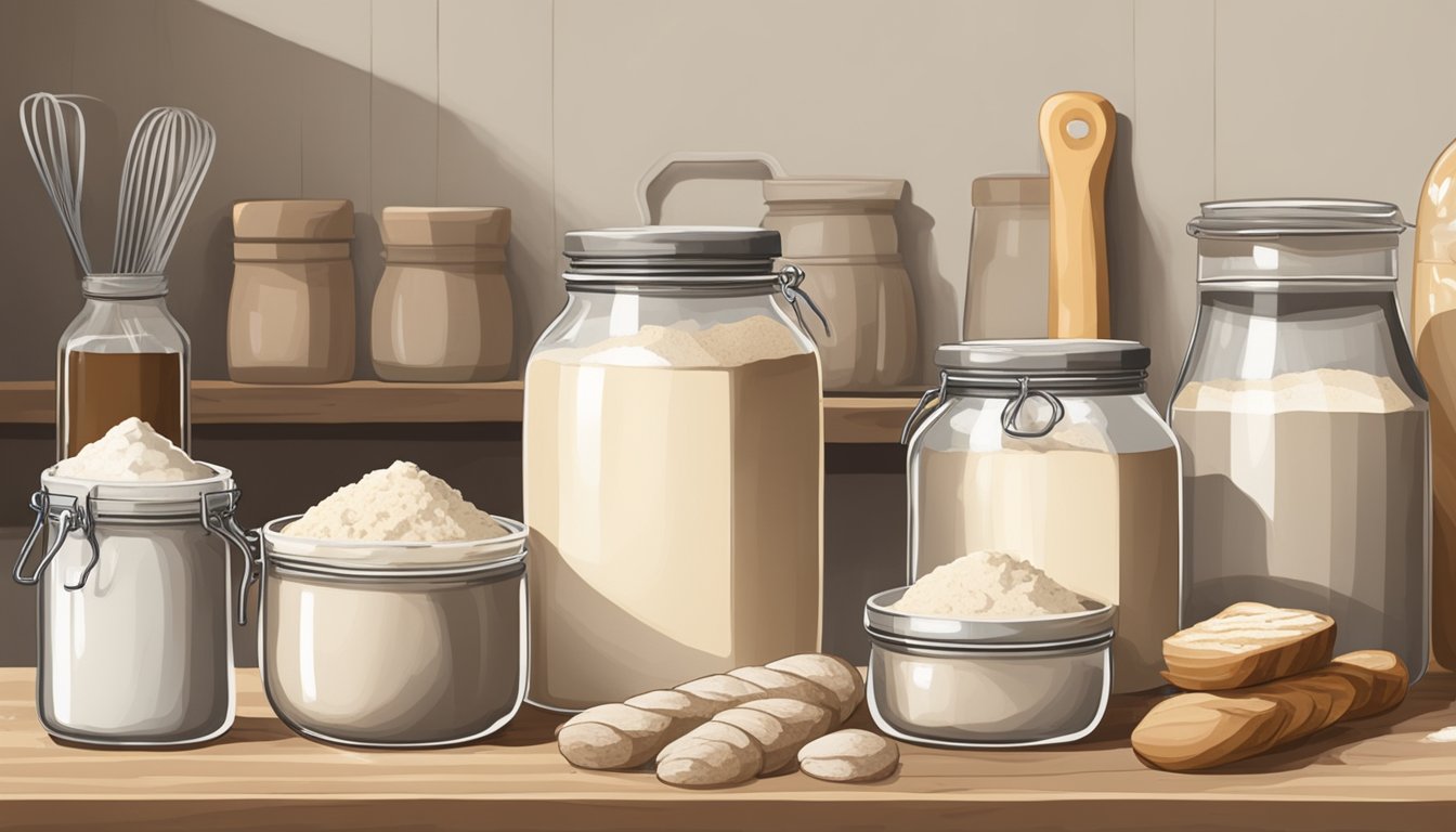 A rustic kitchen counter with jars of sourdough starter, flour, and various baking tools laid out for making discard recipes