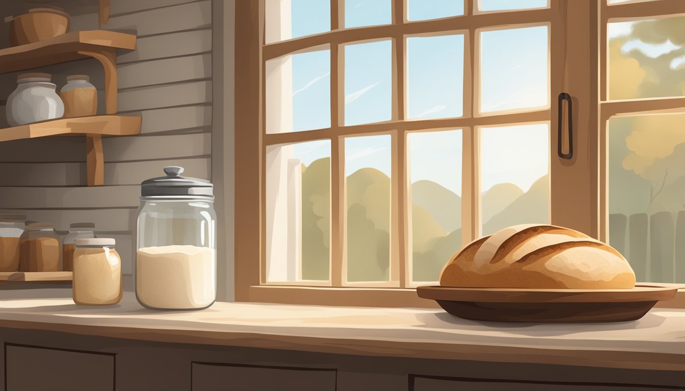 A rustic kitchen counter with a freshly baked sourdough loaf cooling next to a bowl of flour and a jar of sourdough starter. A window lets in soft natural light