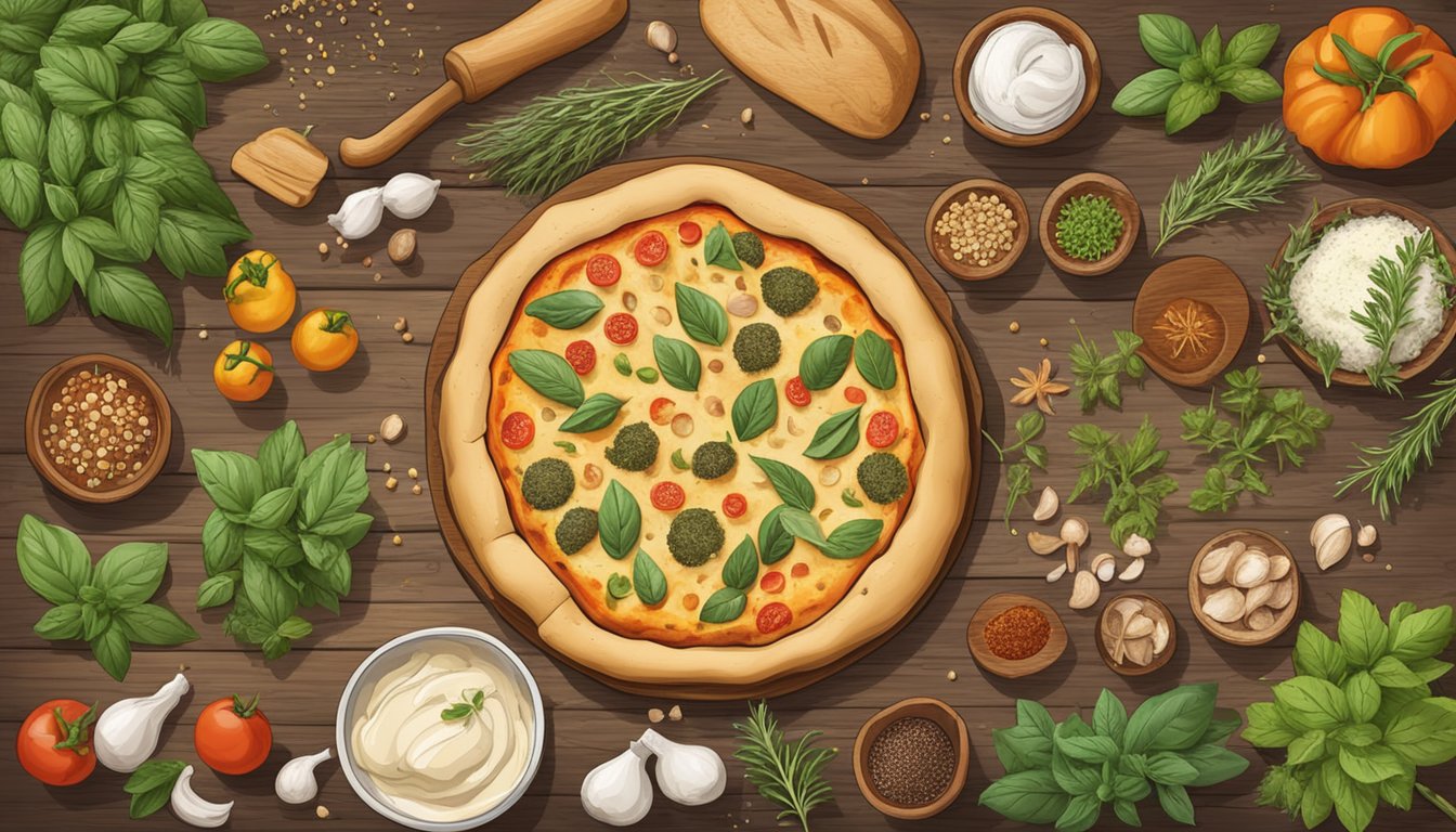 A rustic wooden table with a freshly baked sourdough pizza crust, surrounded by various herbs, spices, and flavorings