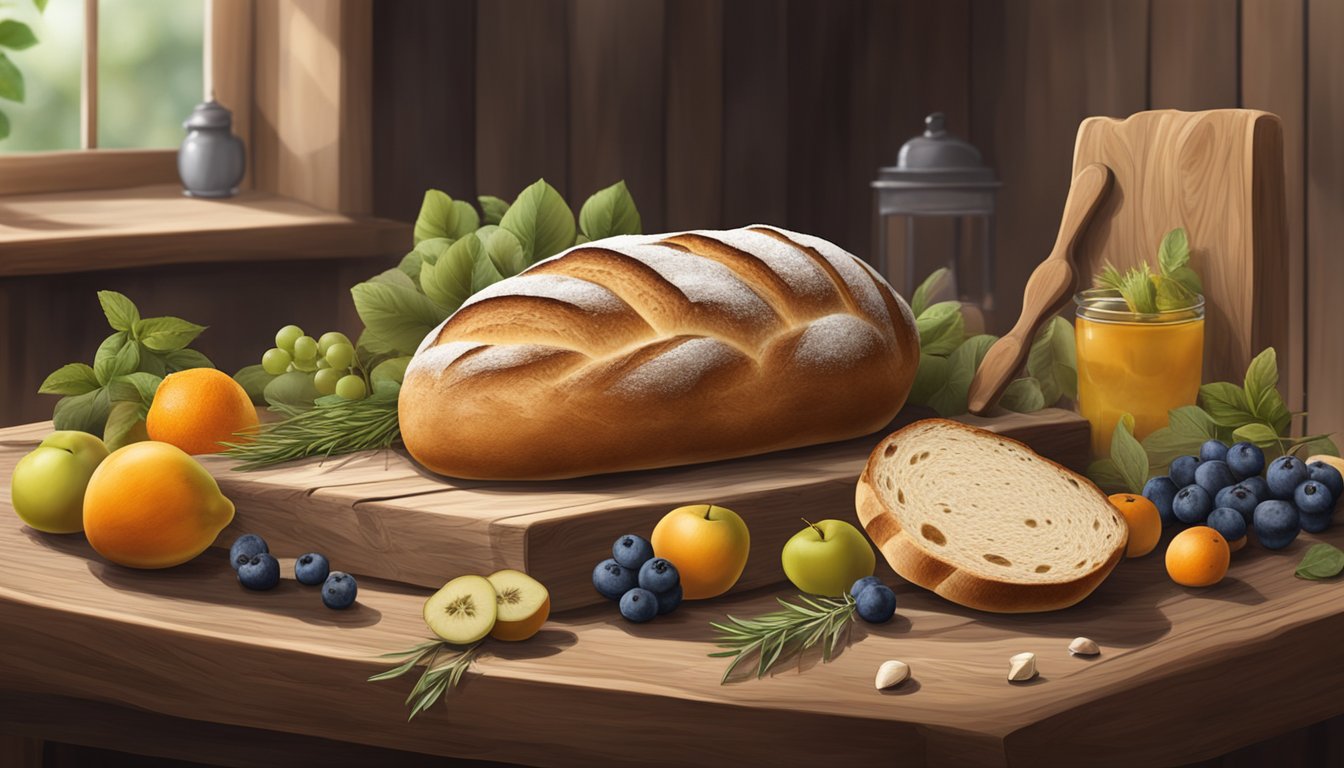 A rustic wooden table with a loaf of homemade sourdough bread surrounded by seasonal fruits and herbs