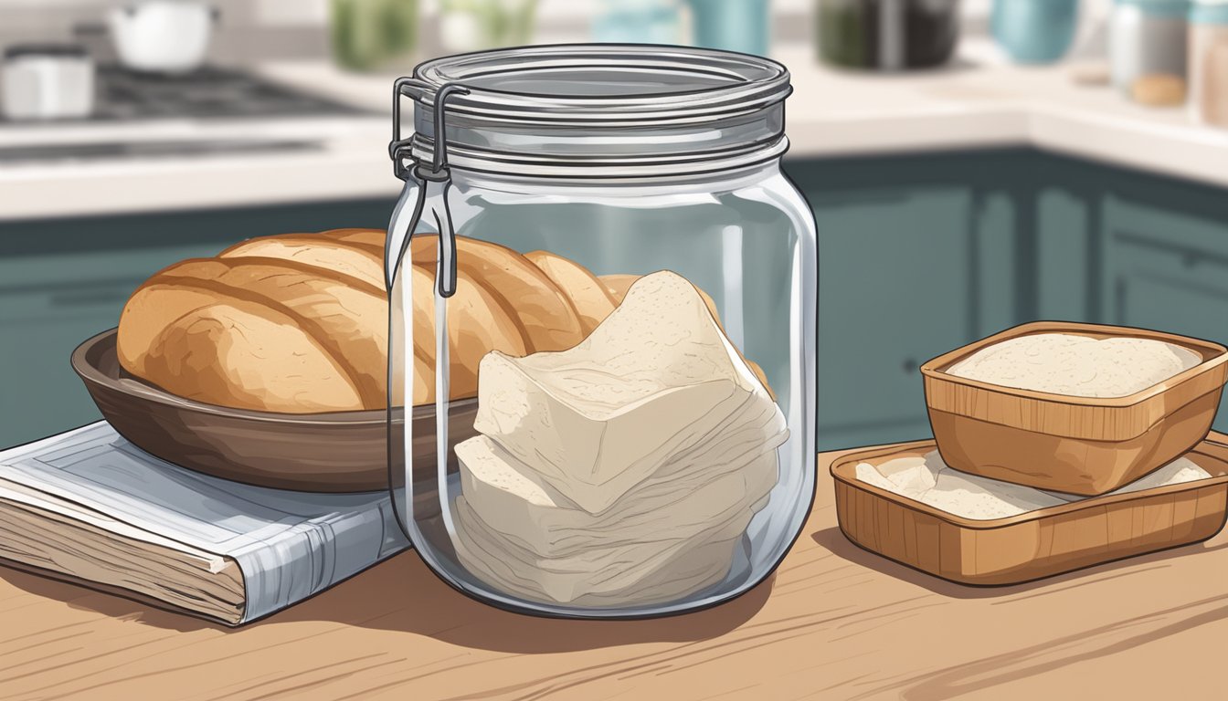 A glass jar filled with sourdough discard sits on a kitchen counter, next to a stack of recipe books and a mixing bowl