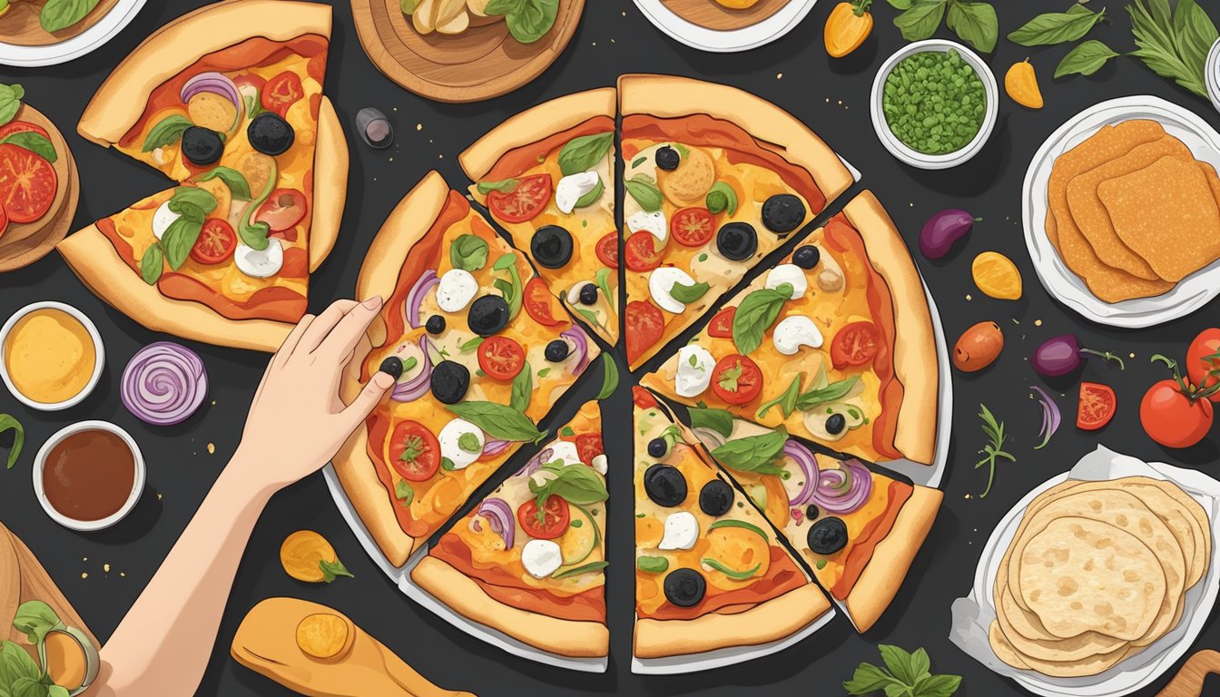 A hand reaching for a sourdough pizza crust, surrounded by various toppings and ingredients for customization