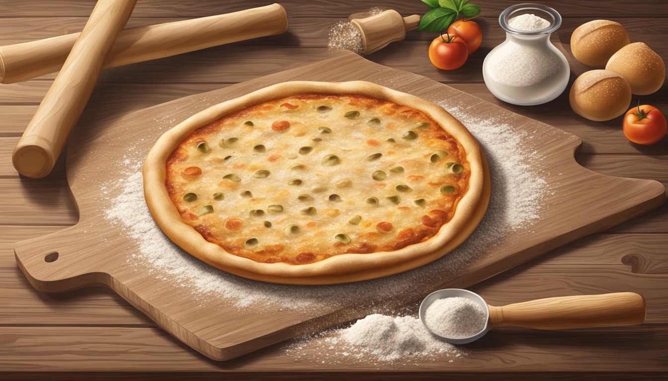 A rustic wooden table with a freshly baked sourdough pizza crust surrounded by scattered flour and a rolling pin