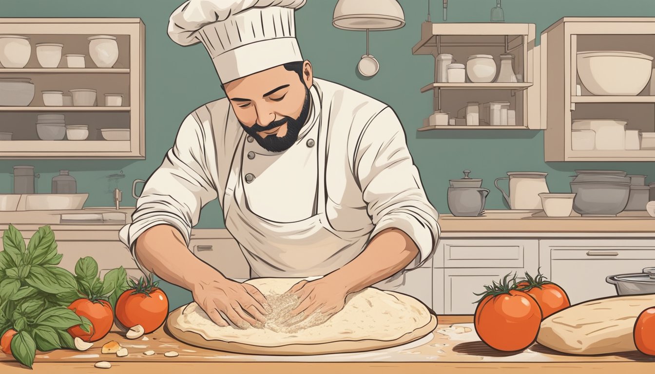 A chef kneading sourdough pizza dough on a floured surface, surrounded by ingredients like tomatoes, cheese, and herbs