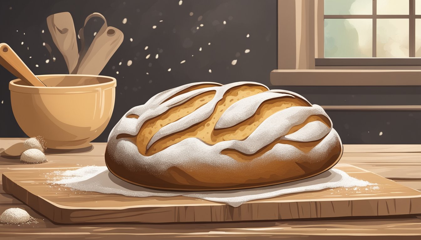 A rustic kitchen table with a freshly baked loaf of sourdough bread cooling on a wire rack, surrounded by scattered flour, a wooden rolling pin, and a bowl of dough rising