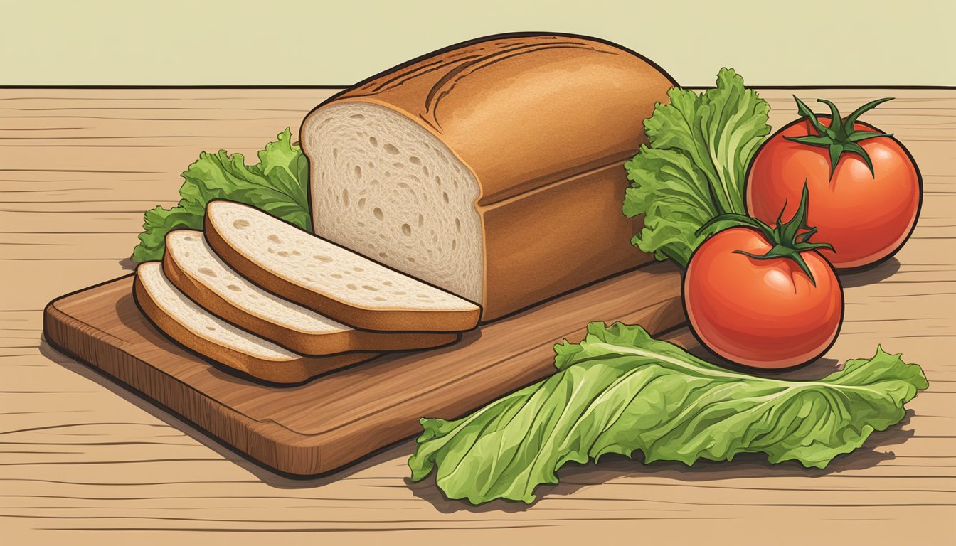 A wooden cutting board holds sliced tomatoes, lettuce, and a loaf of sourdough bread, ready to be assembled into sandwiches