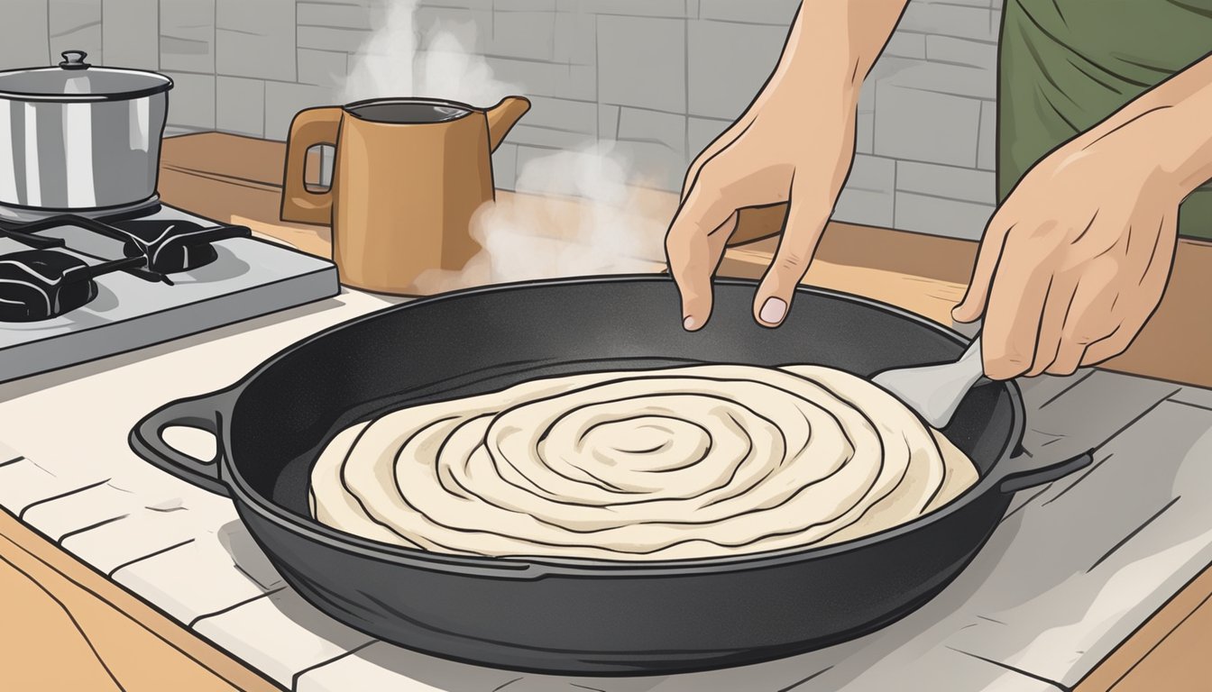 A pair of hands rolls out sourdough flatbread dough on a floured surface, while a cast-iron skillet heats on the stovetop