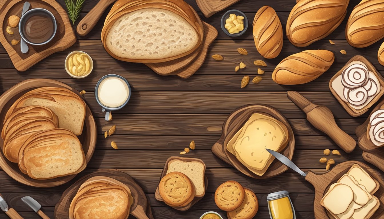 A rustic wooden table with baking tools and accessories, surrounded by freshly baked sourdough sandwiches