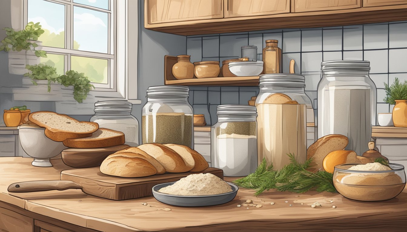 A rustic kitchen counter with a variety of sourdough bread, colorful fresh ingredients, and a jar of homemade sourdough starter