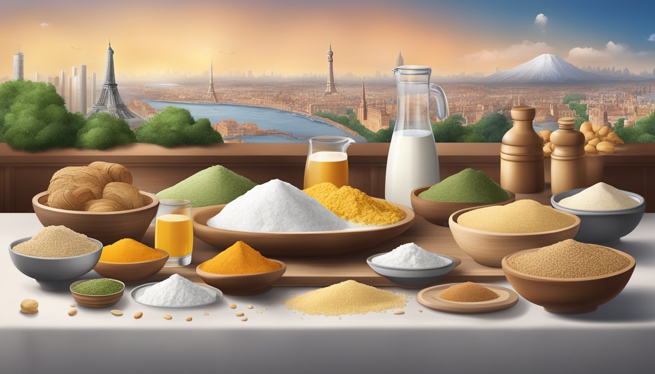 A table covered with various ingredients from different cultures, including flour, water, and wild yeast, set against a backdrop of international landmarks