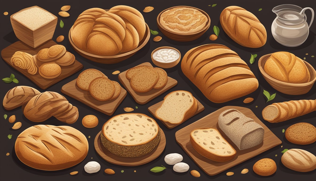 A table with various sourdough breads from different cultures, each with unique shapes, textures, and toppings, representing the diverse cultural significance and traditions of sourdough bread around the world