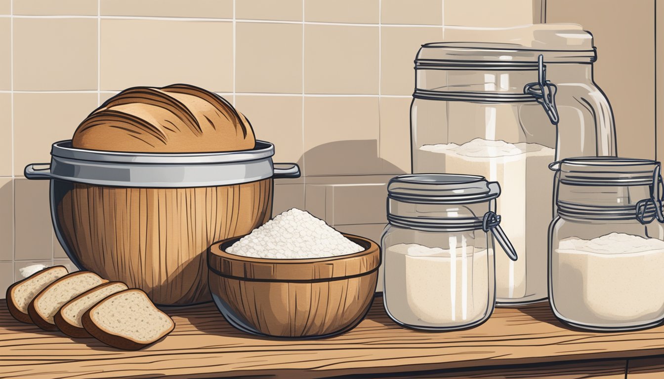 A rustic kitchen counter filled with flour, a glass jar of bubbling sourdough starter, a wooden mixing bowl, and a freshly baked loaf of sourdough bread cooling on a wire rack