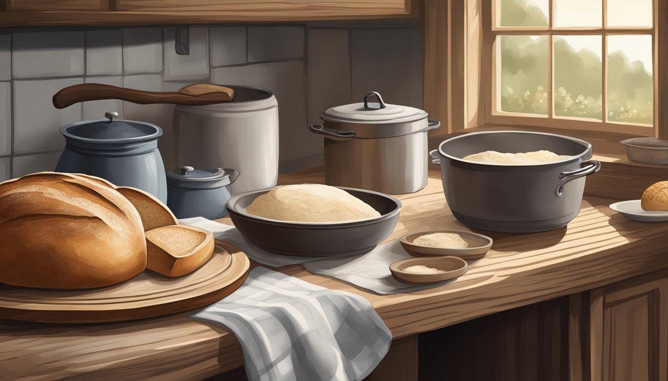 A rustic kitchen with a wooden table, a flour-dusted countertop, a dutch oven, and a sourdough loaf rising on a cloth-covered tray