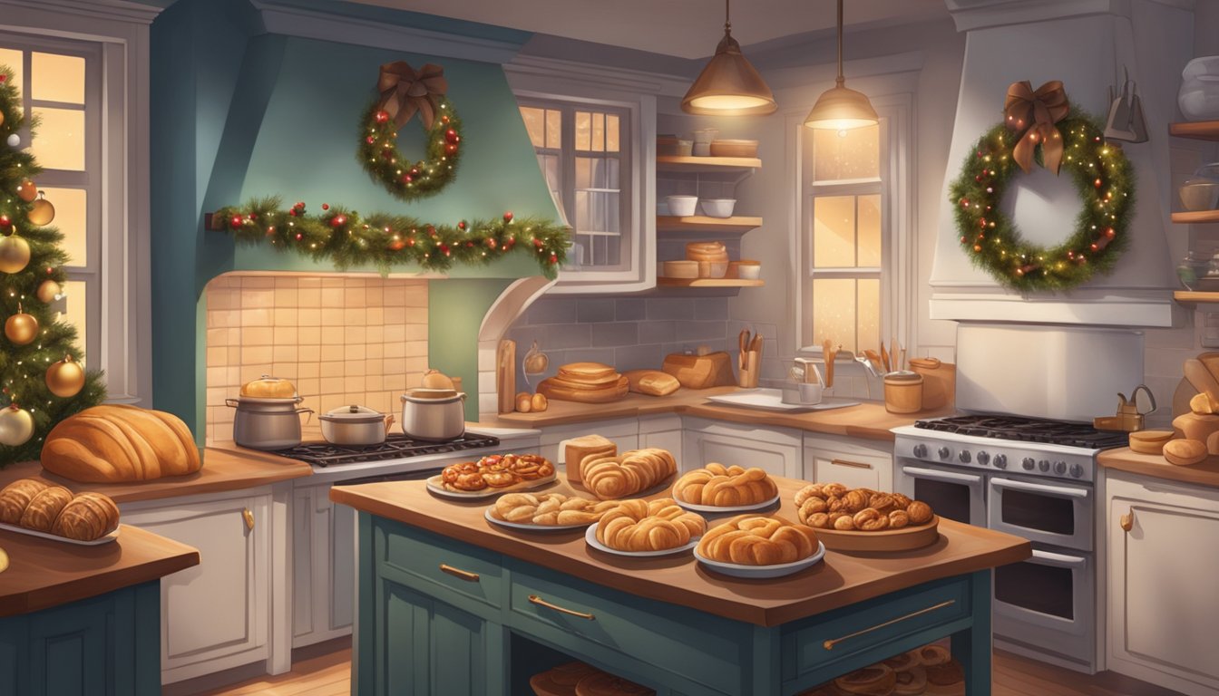 A cozy kitchen with a warm oven, filled with festive sourdough treats and pastries, surrounded by holiday decorations and twinkling lights