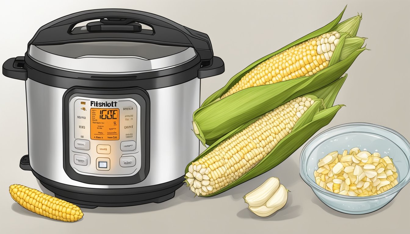 Fresh corn on the cob, husks peeled back, placed in an instant pot with water. A knob is turned to seal the lid before cooking