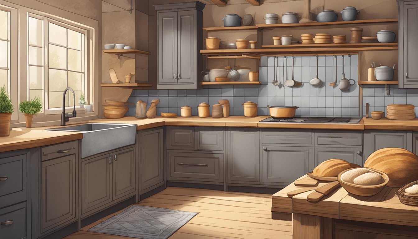 A rustic kitchen with a warm oven, flour-dusted countertops, and various tools for sourdough baking