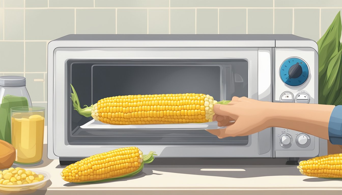 A hand placing a cooked corn on the cob into a plastic container, with a microwave in the background