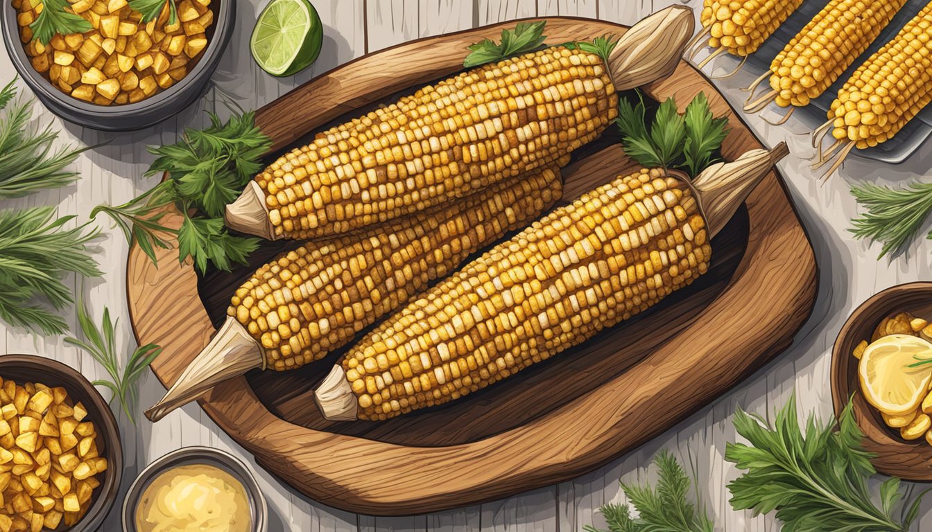 A grill with toasted corn on the cob, surrounded by herbs and seasonings on a wooden platter