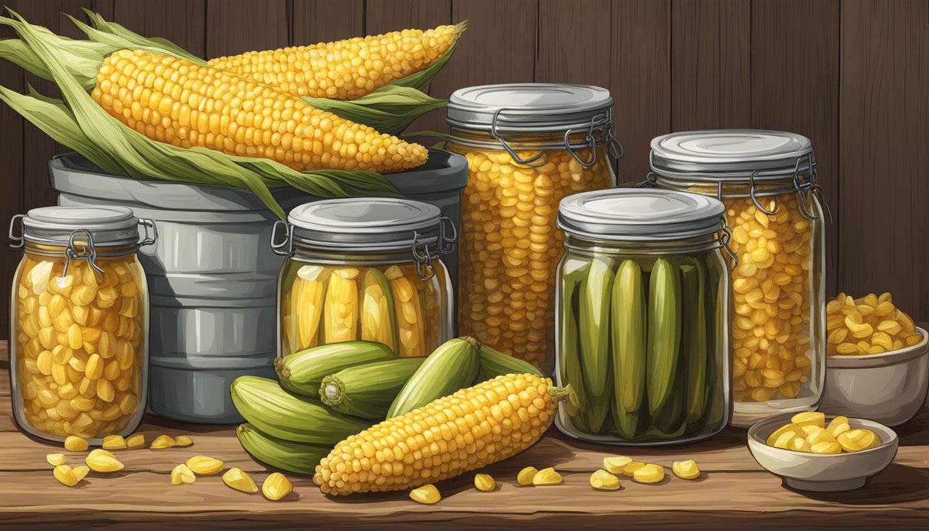 A golden corn on the cob sits on a rustic table, surrounded by jars of pickles and neatly stacked Tupperware containers