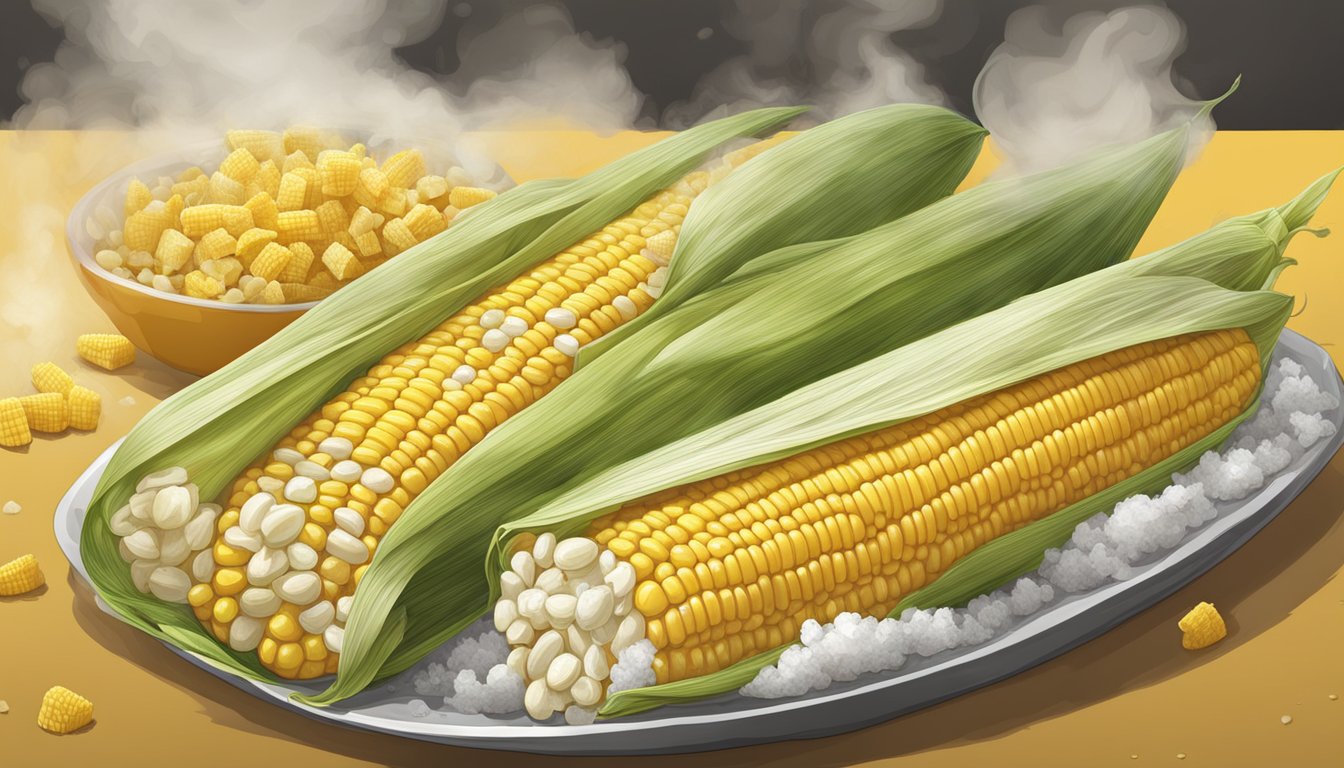 Steam rises from seasoned corn on the cob with various toppings