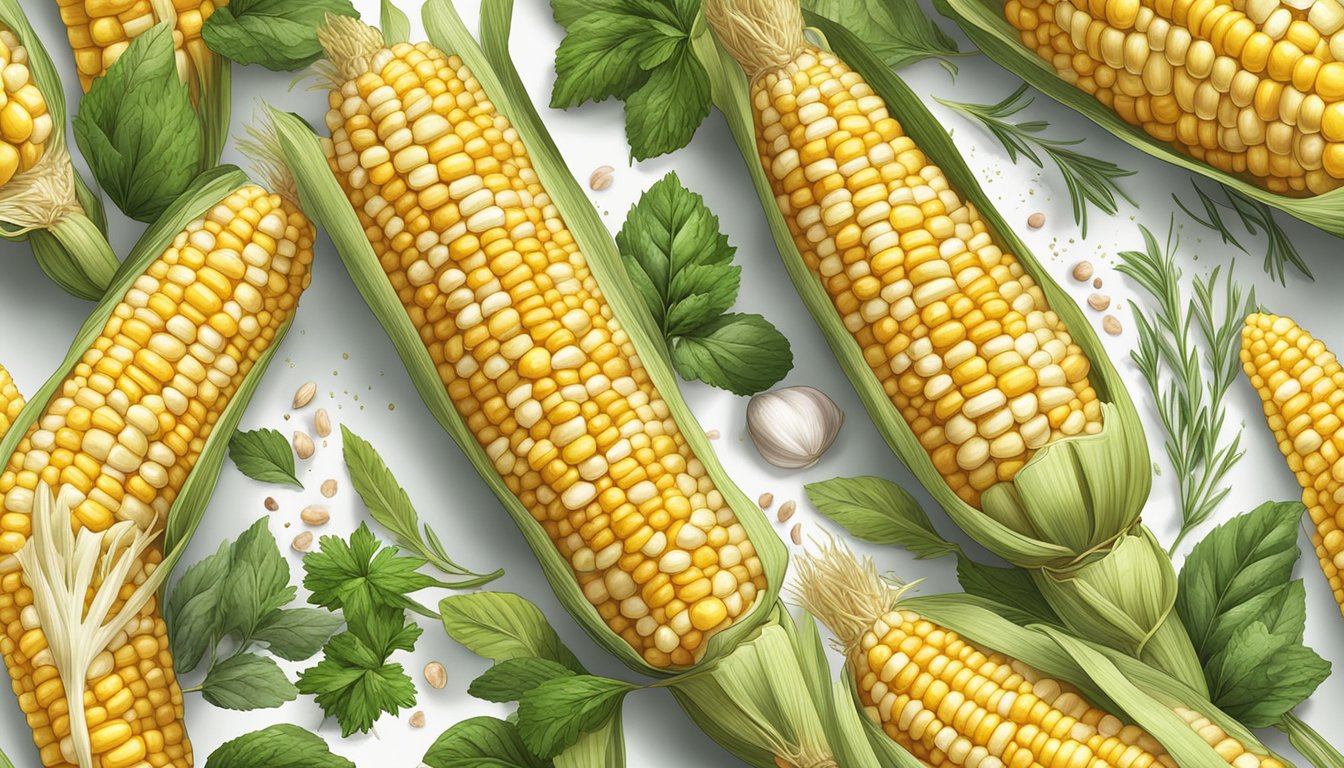 A steaming pot of corn on the cob surrounded by fresh herbs and spices