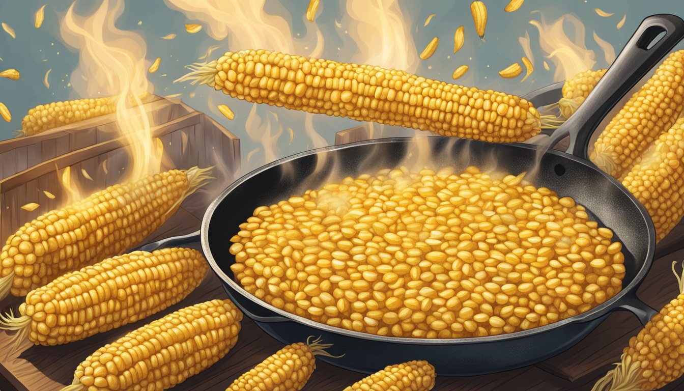 Golden corn cobs sizzling in a skillet, emitting a savory aroma. A crowd gathers, drawn in by the nostalgic comfort of fried corn on the cob