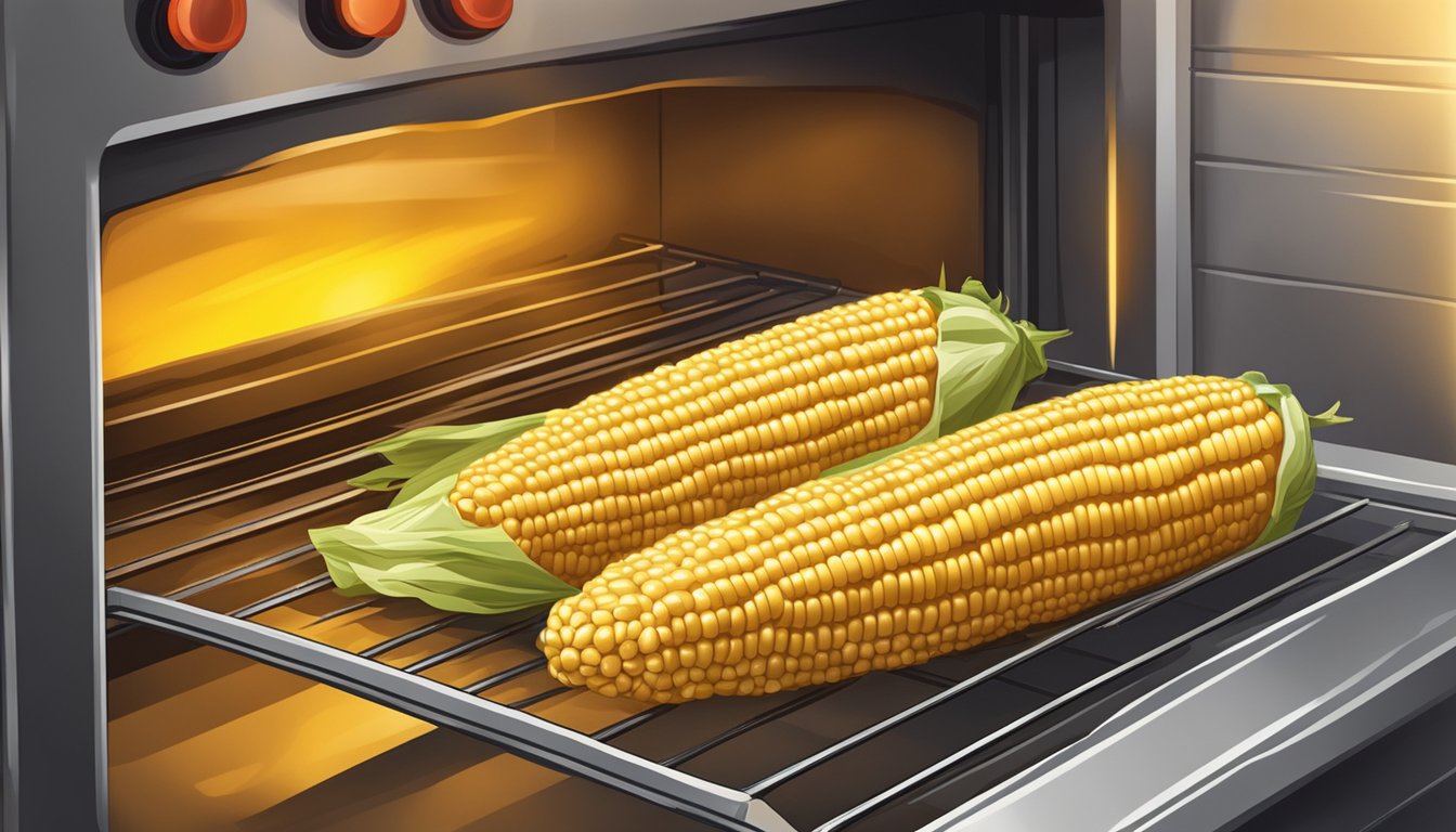 A corn on the cob wrapped in aluminum foil sits inside a preheated oven. The warm glow of the oven illuminates the golden kernels