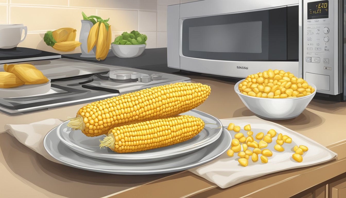 A cob of corn placed on a microwave-safe dish, with a microwave oven in the background