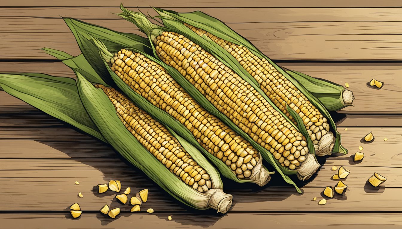 Fresh corn on the cob with husk, golden brown and steaming, resting on a rustic wooden board, surrounded by scattered husks and a hint of charred kernels