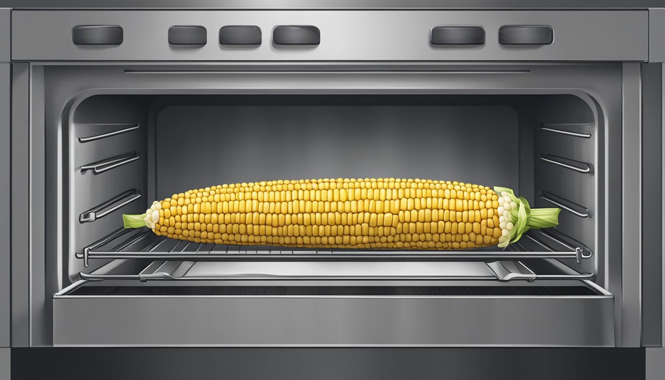 An oven roasted corn on the cob with husk is being stored in a container and then reheated in the oven