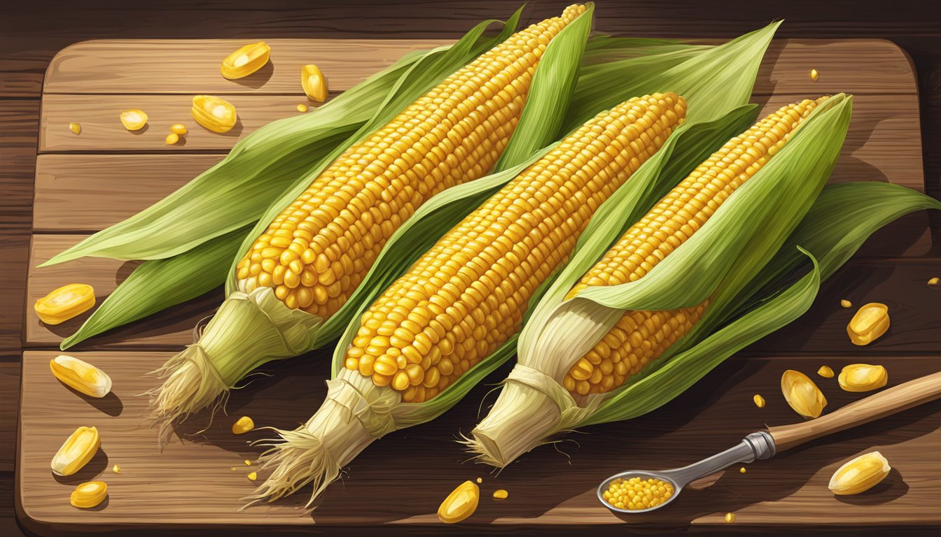 An ear of corn with husk removed, golden kernels glistening with oil and seasoning, placed on a rustic wooden cutting board