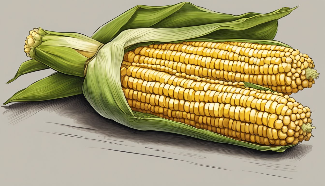 An ear of corn with husk partially peeled back, placed on a baking sheet in the oven