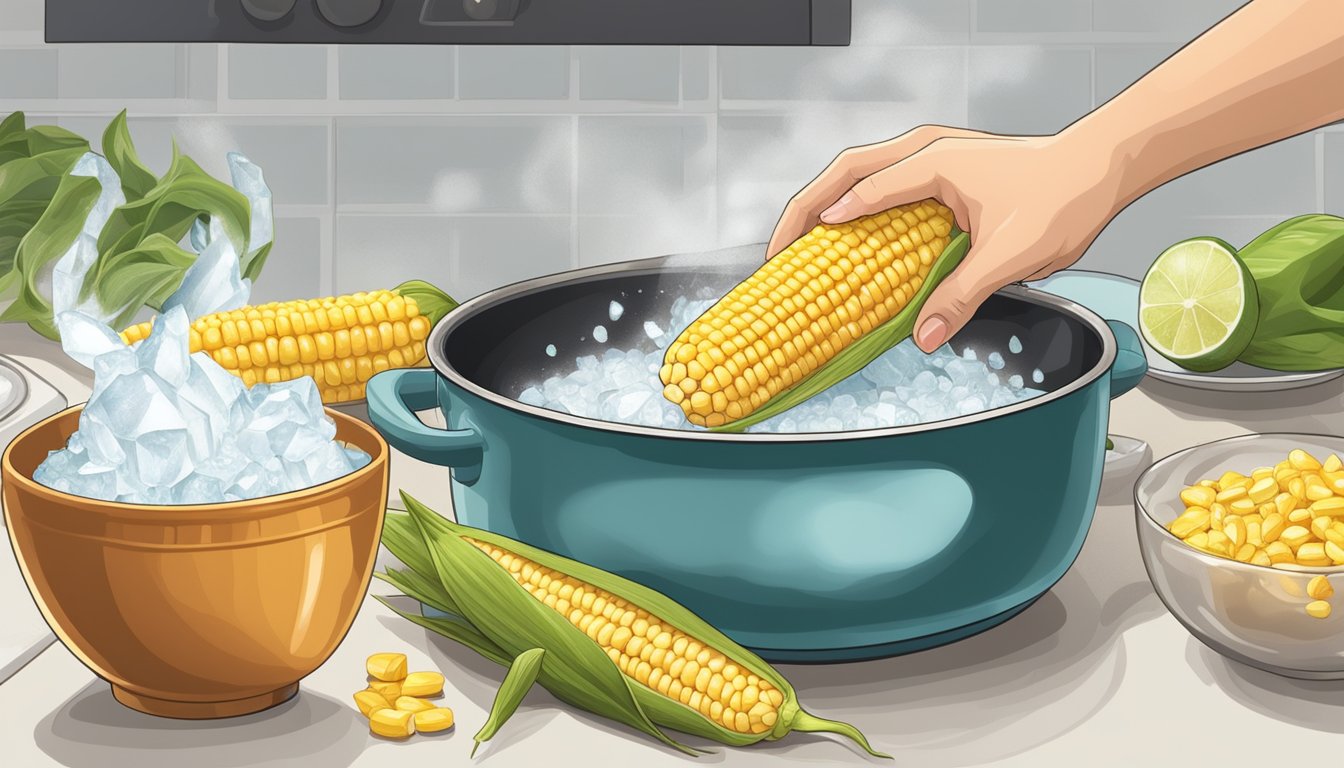 A hand reaching for a fresh ear of corn, a pot of boiling water on the stove, and a bowl of ice water nearby